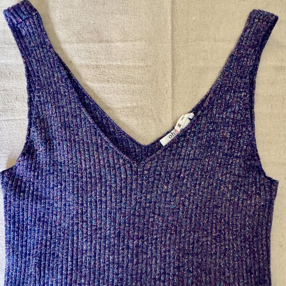 OHMG Ribbed Shimmer V‑Neck Tank Top – Purple Heather, Size M